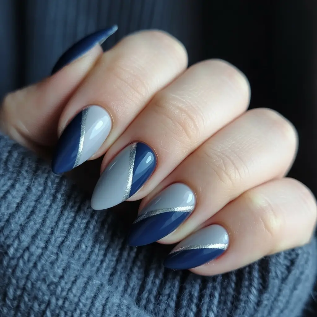 Diagonal Glam with Silver Edge navy blue fall 2025 nail ideas
