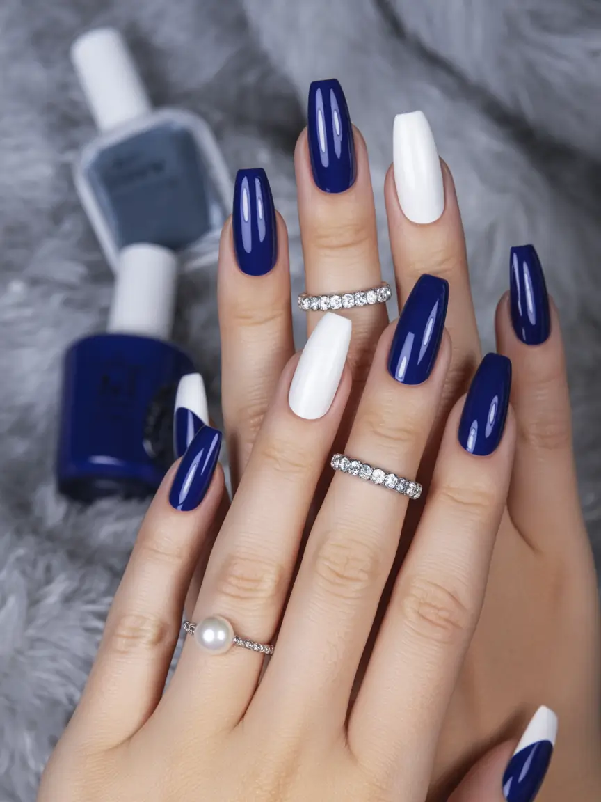 Classic Navy and White Contrast navy blue fall 2025 nail ideas
