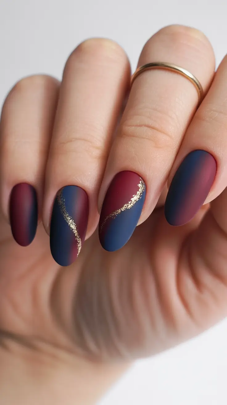 Navy Blue Fall 2025 Nail Ideas Velvet Matte Navy with Crimson Waves
