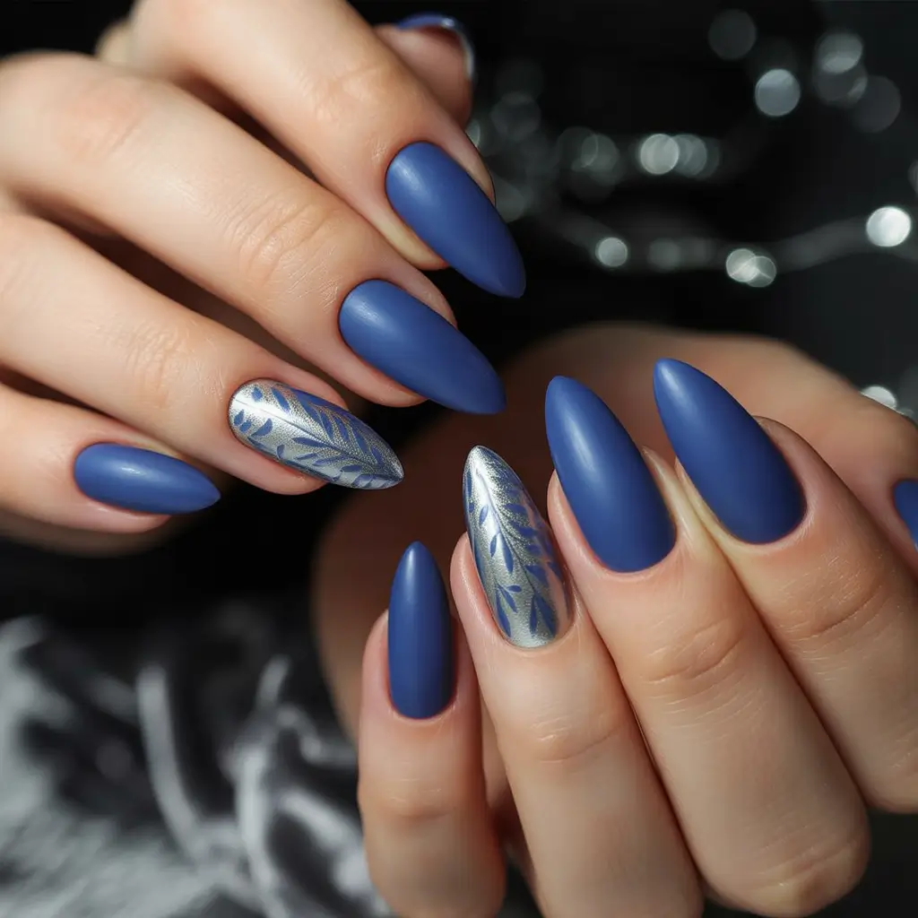 Silver Leaf Matte Beauty navy blue fall 2025 nail ideas