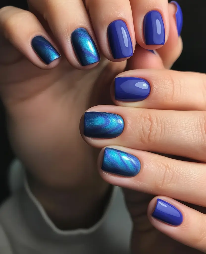 Holographic Aqua Shine navy blue fall 2025 nail ideas