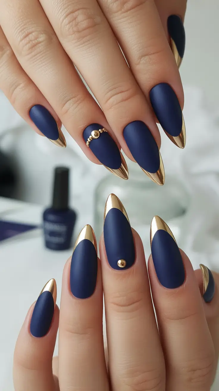 Matte Navy with Golden Tips navy blue fall 2025 nail ideas