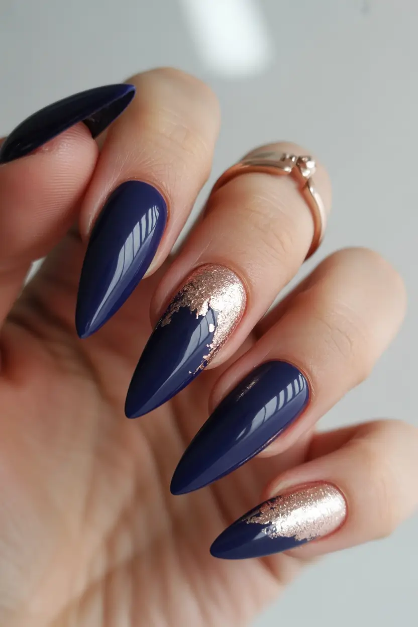 Navy Blue Fall 2025 Nail Ideas Navy with Metallic Rose Accents