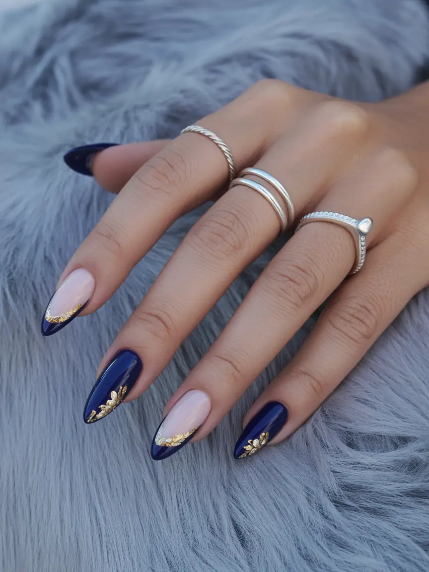 Navy Blue Fall 2025 Nail Ideas Navy French with Golden Leaf Art
