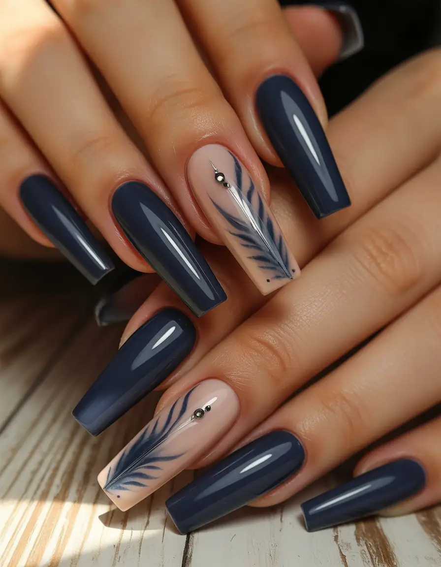 Navy Blue Fall 2025 Nail Ideas Navy Coffin Nails with Feather Accent