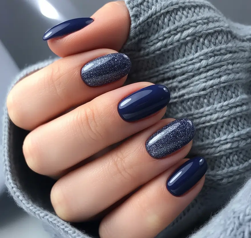 Navy Blue Fall 2025 Nail Ideas Glittered Navy Cozy Vibes