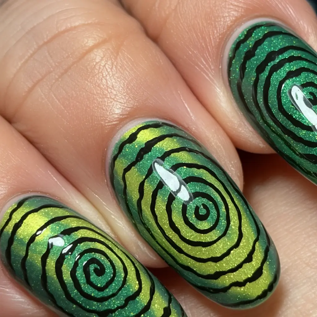 Popular Fall Nail Colors 2025 Green Hypnotic Spirals