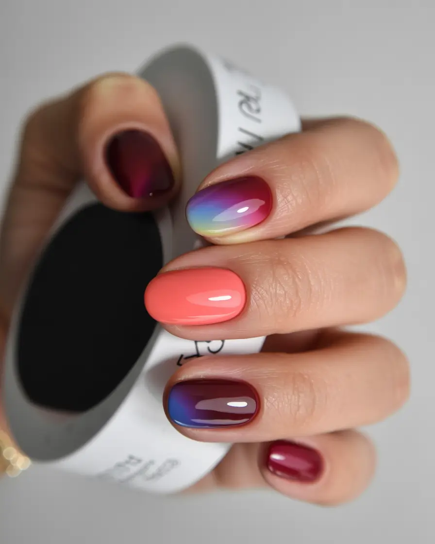 Popular Fall Nail Colors 2025 Rainbow Glow on Short Nails