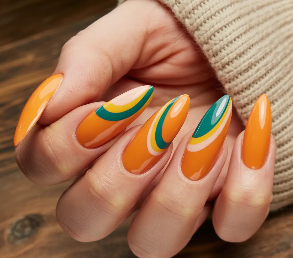 Popular Fall Nail Colors 2025 Retro Orange Waves