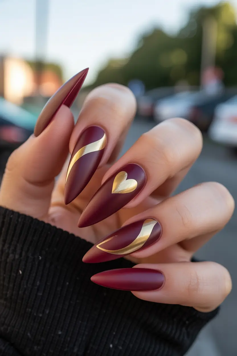 Popular Fall Nail Colors 2025 Velvety Burgundy with Golden Accents