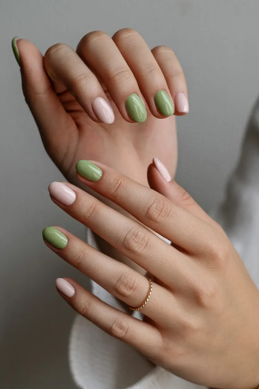 Popular Fall Nail Colors 2025 Soft Green and Nude Duo