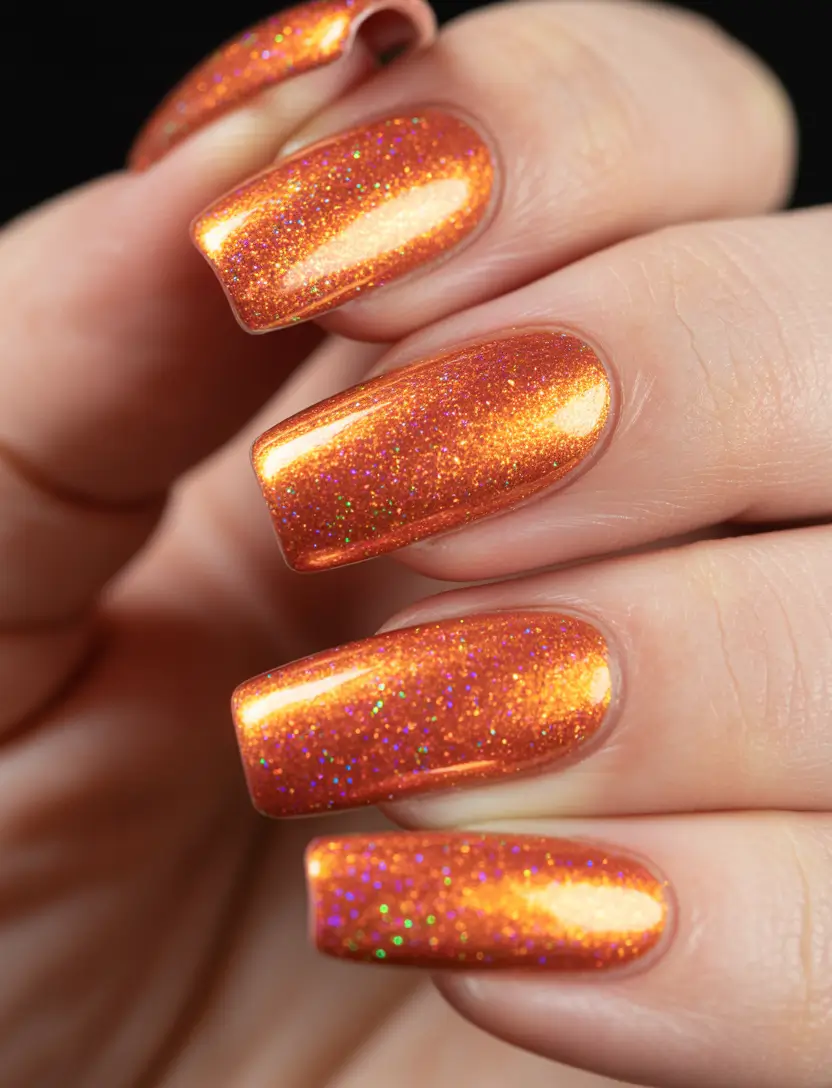 Popular Fall Nail Colors 2025 Glittering Copper Chrome