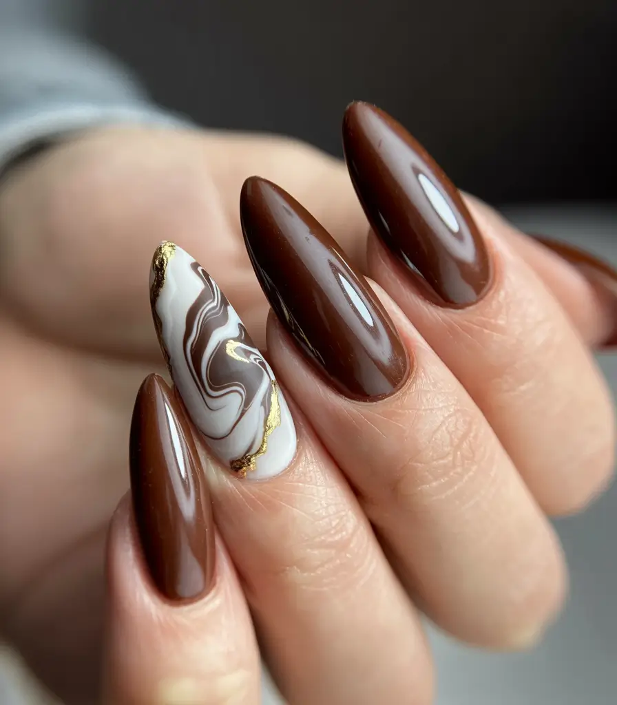 Popular Fall Nail Colors 2025 Chocolate Marble Elegance