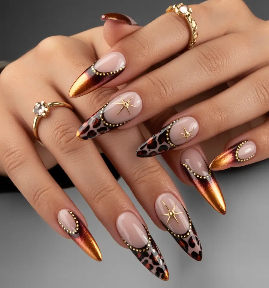 Popular Fall Nail Colors 2025 Leopard Luxe with Copper Chrome