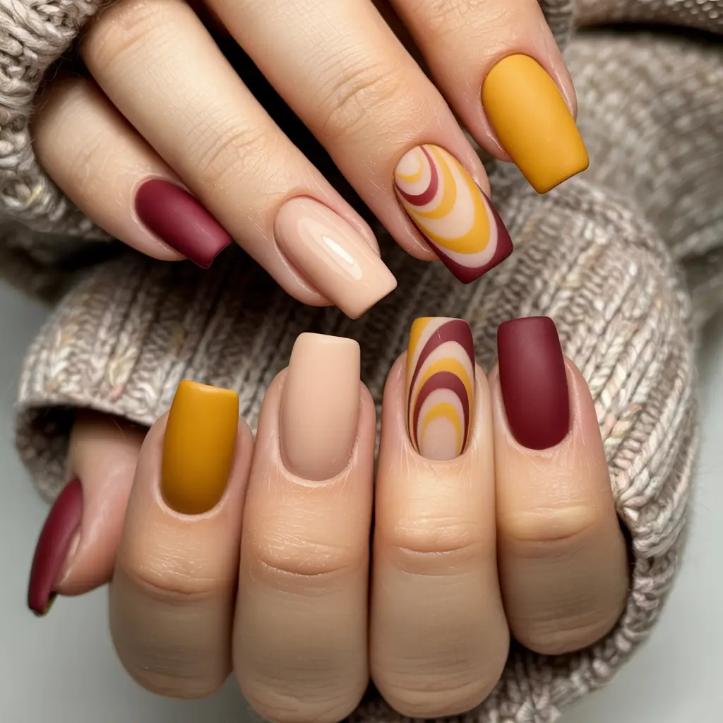 Popular Fall Nail Colors 2025 Retro Mustard and Burgundy Mix