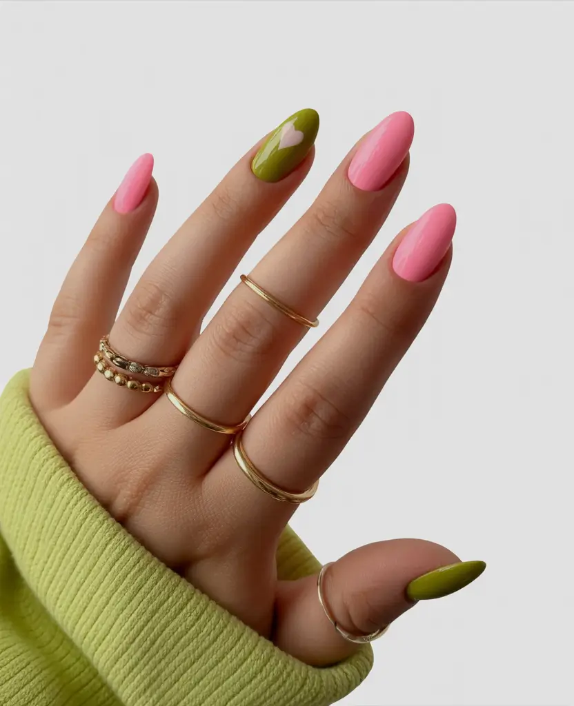 Popular Fall Nail Colors 2025 Playful Pink and Olive Duo