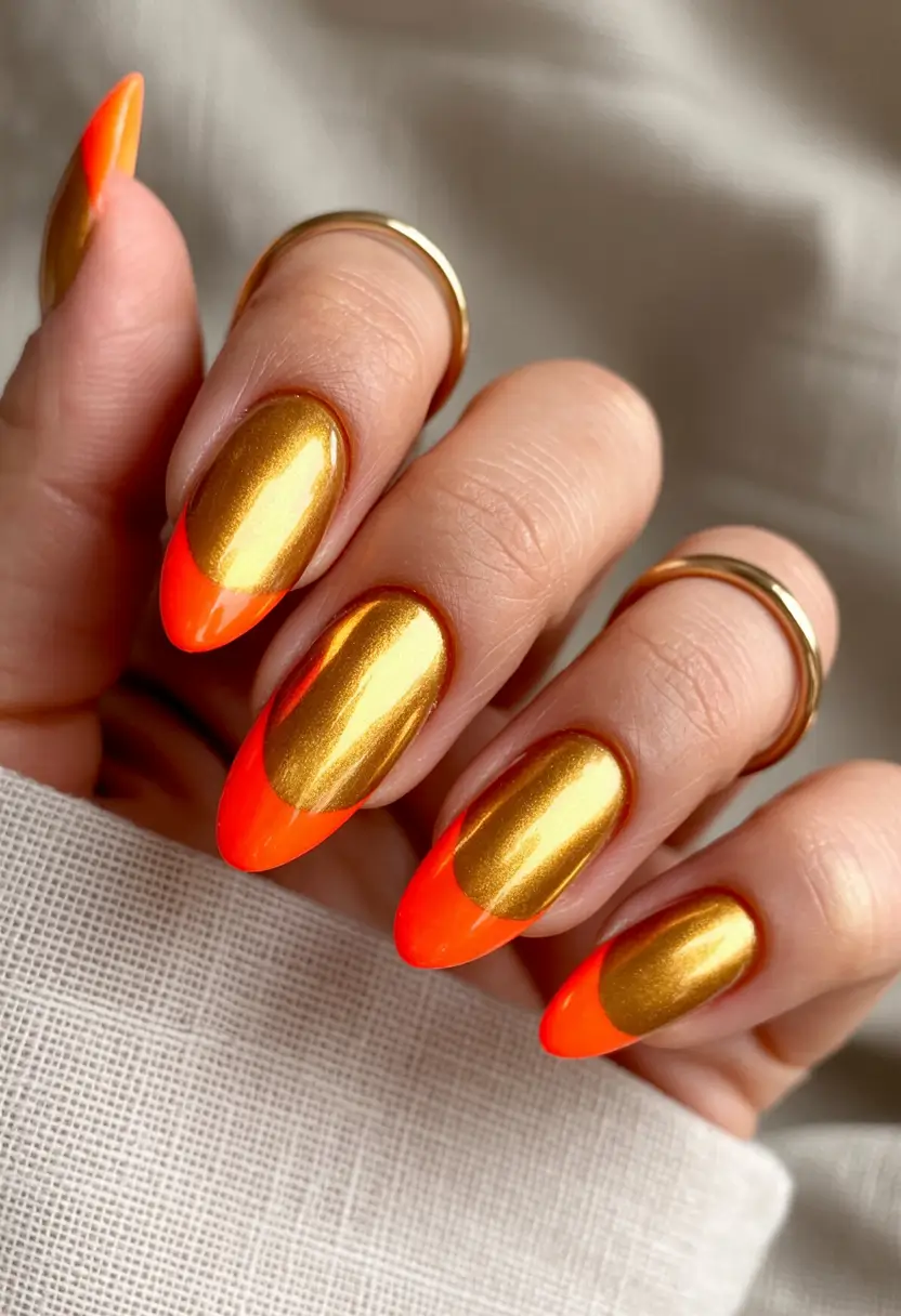 Popular Fall Nail Colors 2025 Golden Chrome with Neon Tips