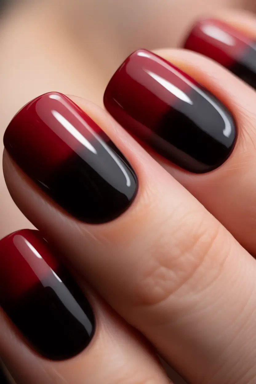 Square Shaped Fall Nails 2025 Deep Red to Black Ombre Drama