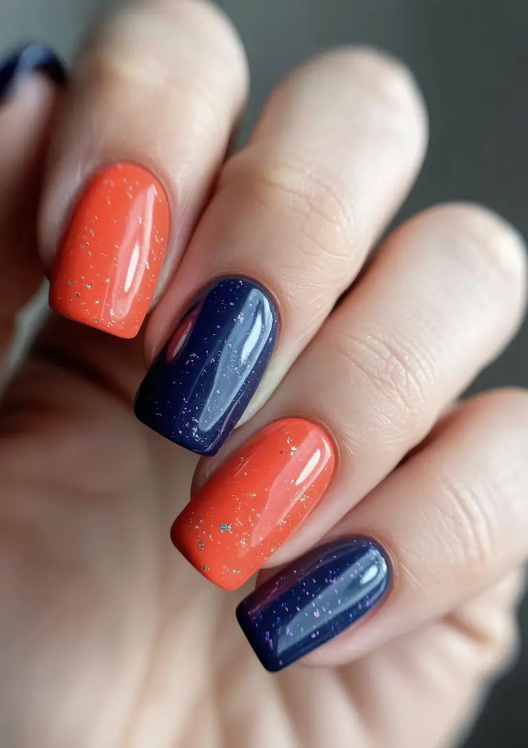 Square Shaped Fall Nails 2025 Orange and Navy Contrast