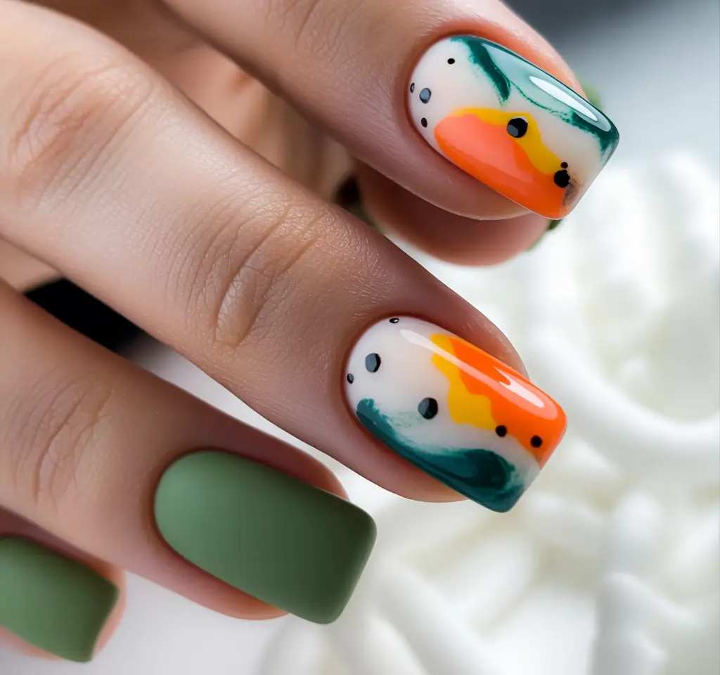 Square Shaped Fall Nails 2025 Abstract Green and Orange Art