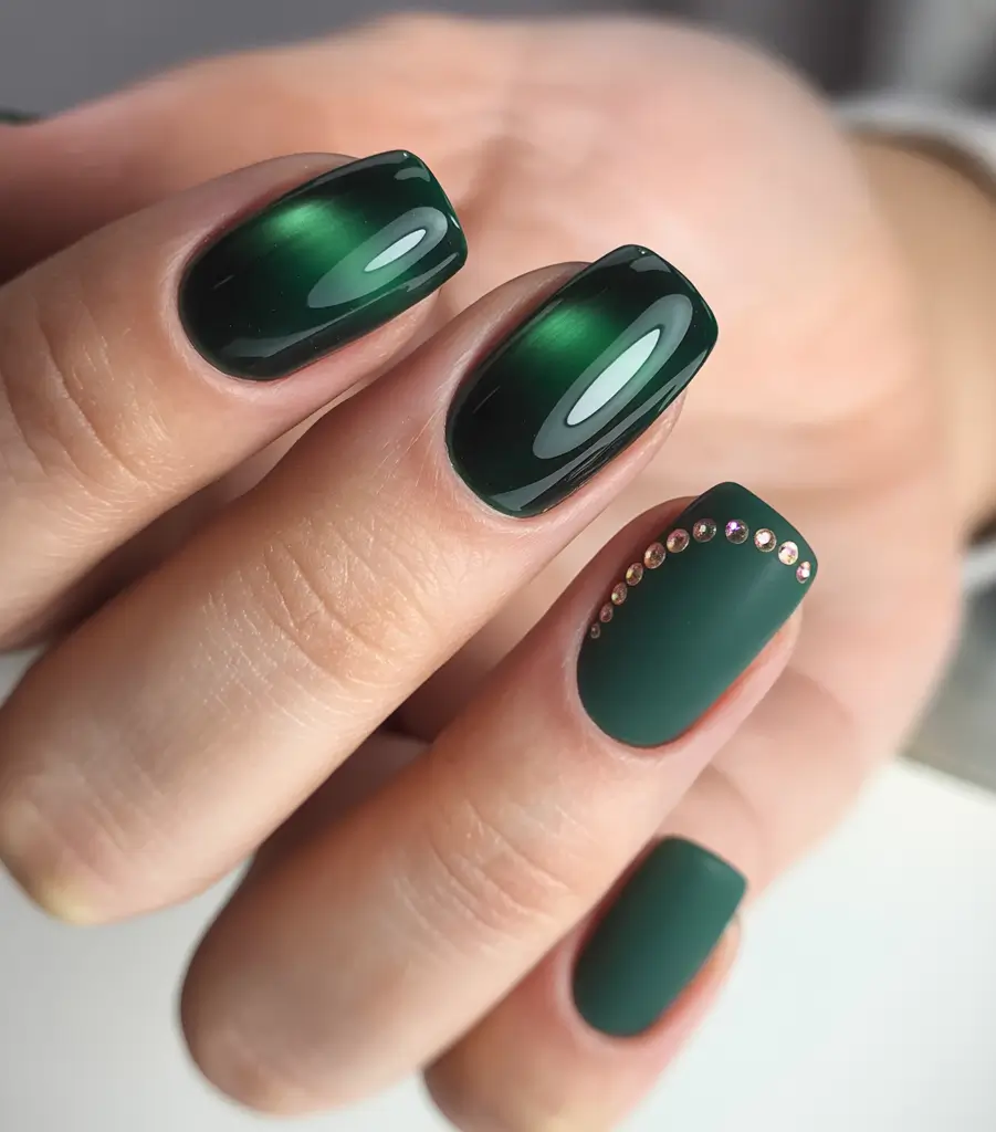 Square Shaped Fall Nails 2025 Emerald Shine with Rhinestone Accent