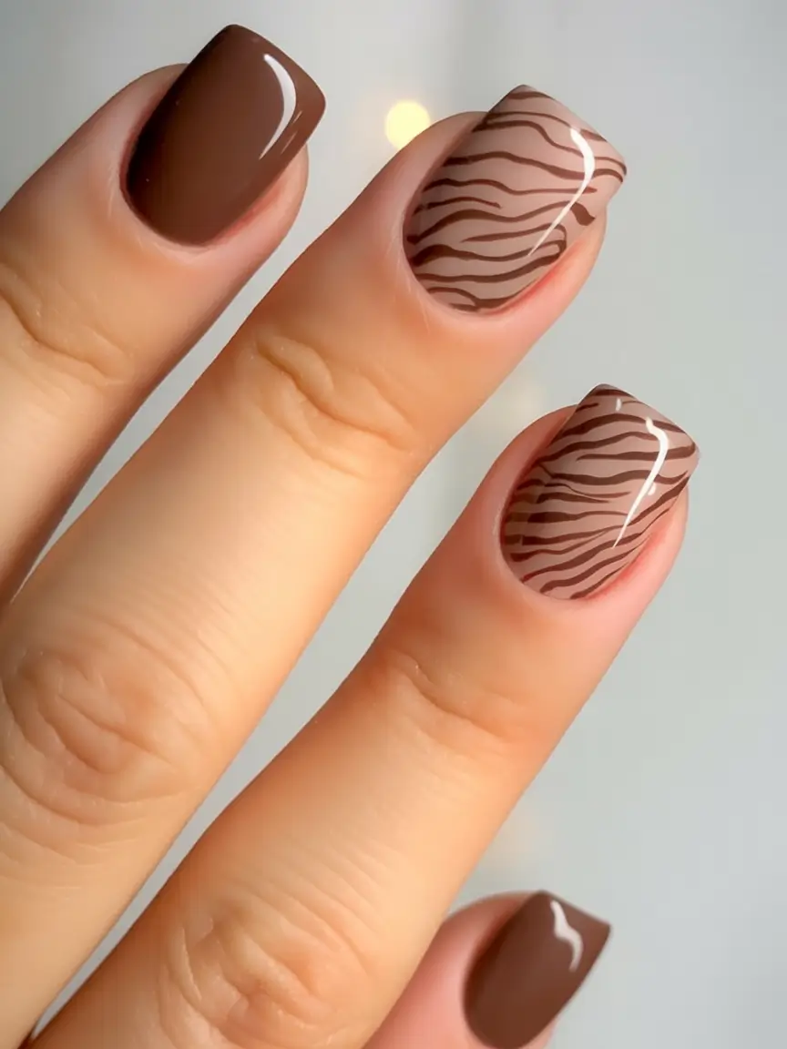 Square Shaped Fall Nails 2025 Chocolate Brown with Zebra Lines