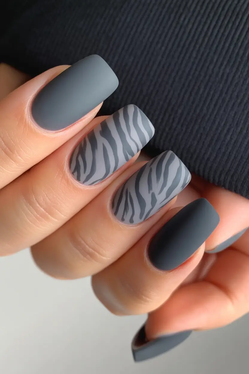 Square Shaped Fall Nails 2025 Matte Gray with Subtle Zebra Pattern