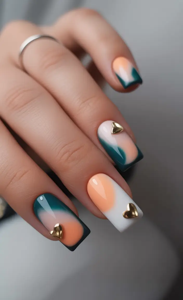 Square Shaped Fall Nails 2025 gradient teal peach white with golden heart charms