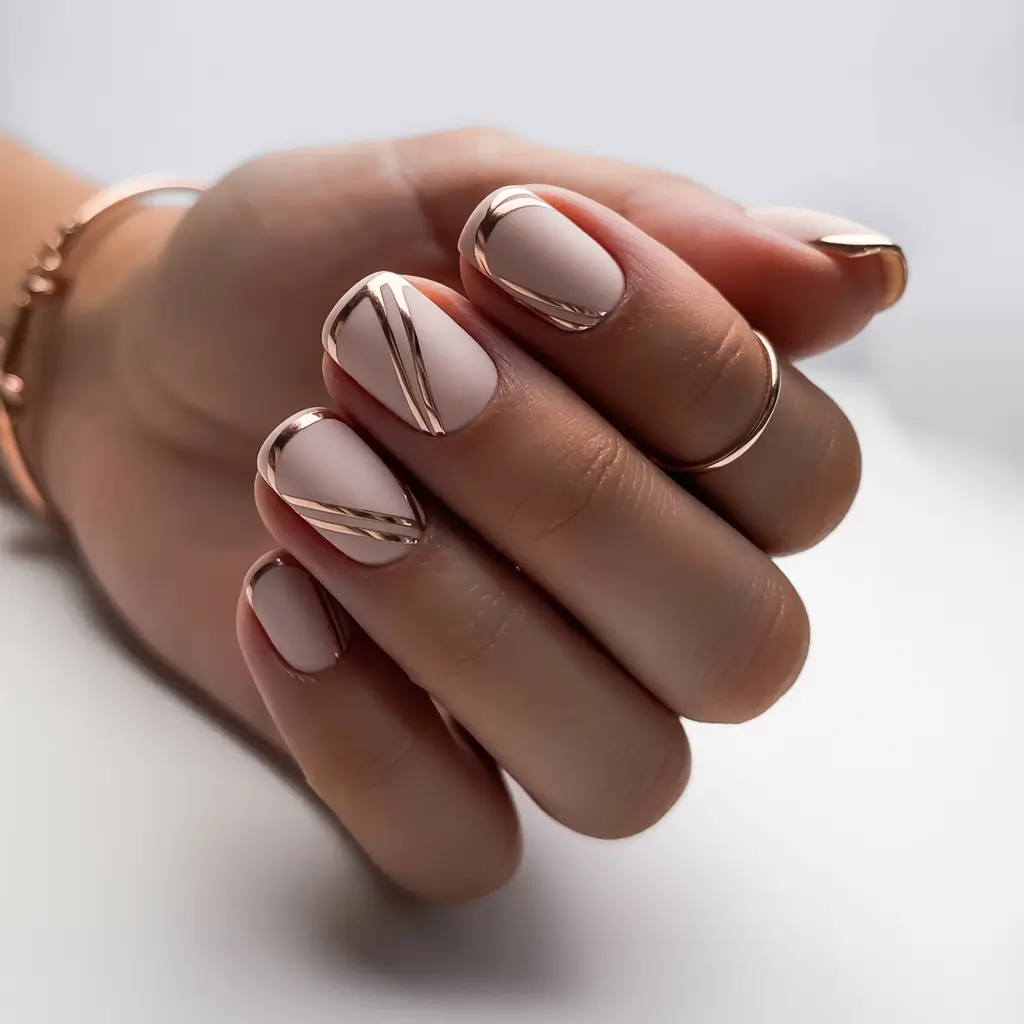 Square Shaped Fall Nails 2025 nude base with rose-gold metallic edges
