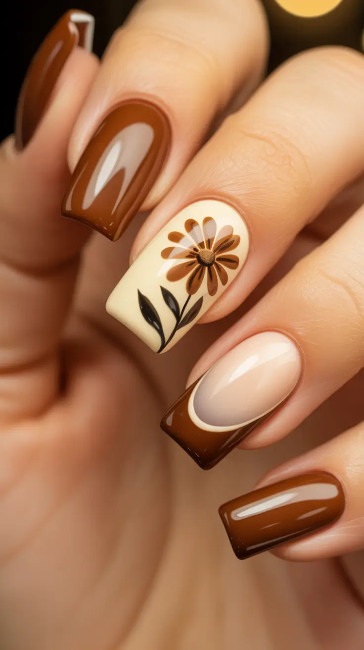 Square Shaped Fall Nails 2025 in brown and beige with floral accent nail