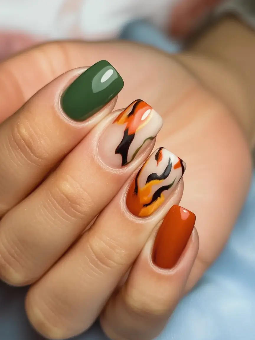 Square Shaped Fall Nails 2025 with abstract green and orange leaf-inspired streaks