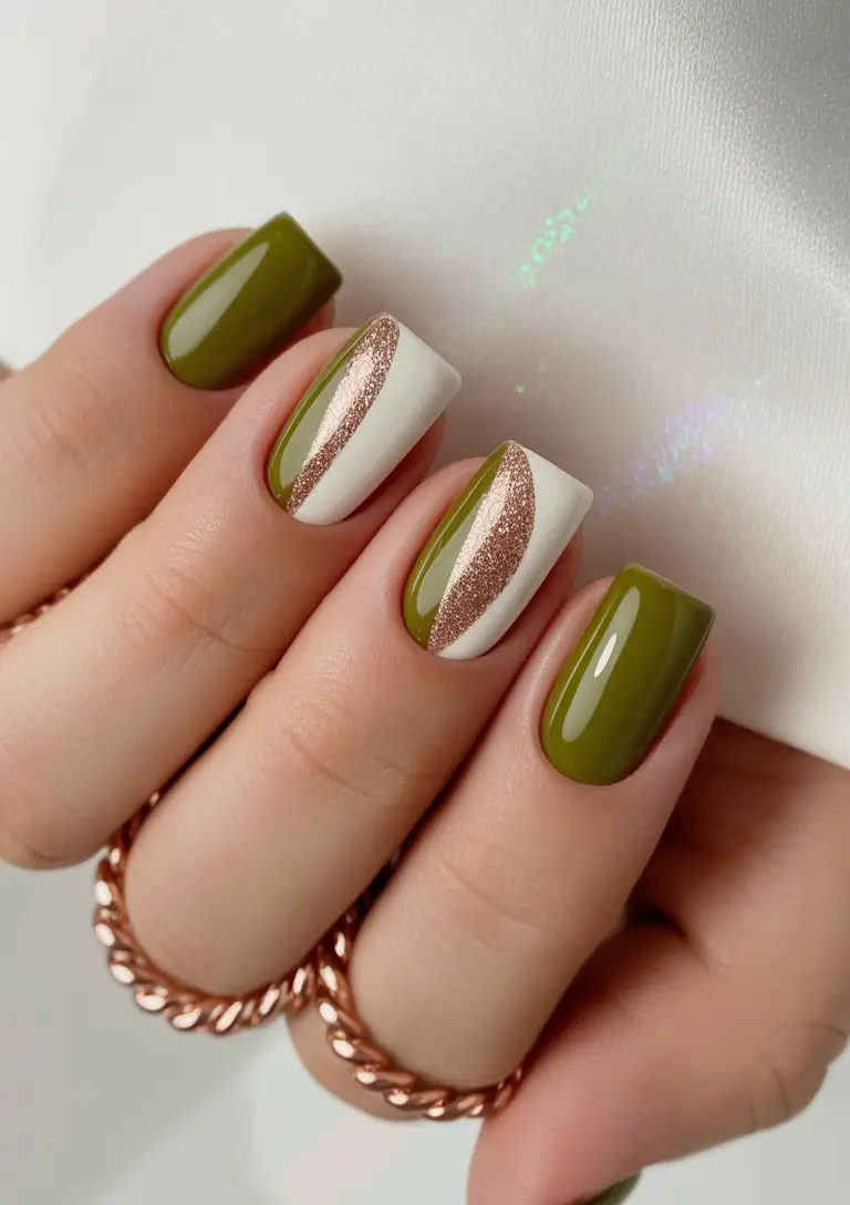 Square Shaped Fall Nails 2025 olive green with white and diagonal bronze glitter accent