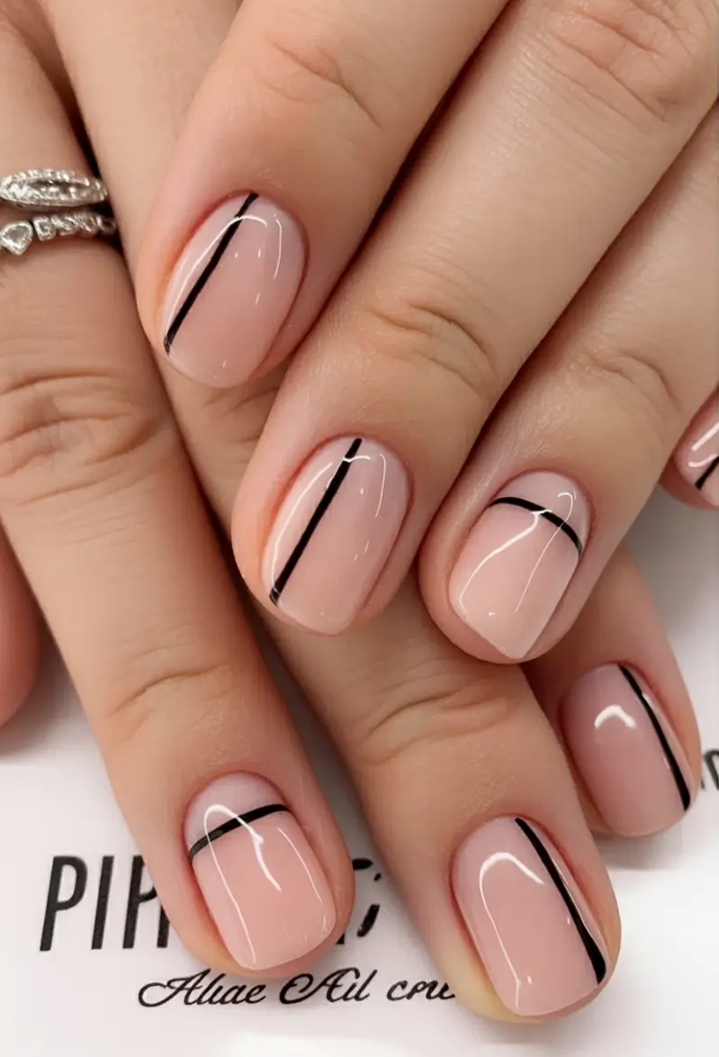 Square Shaped Fall Nails 2025 Minimal Nude with Fine Black Lines