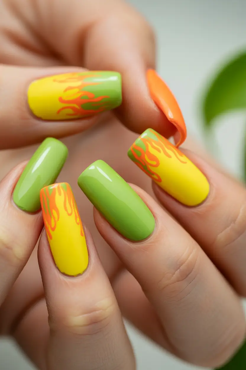 Square Shaped Fall Nails 2025 neon flames in lime green, yellow and orange