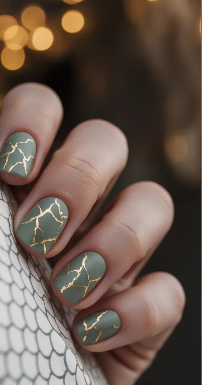 Square Shaped Fall Nails 2025 sage green matte nails with gold kintsugi cracks