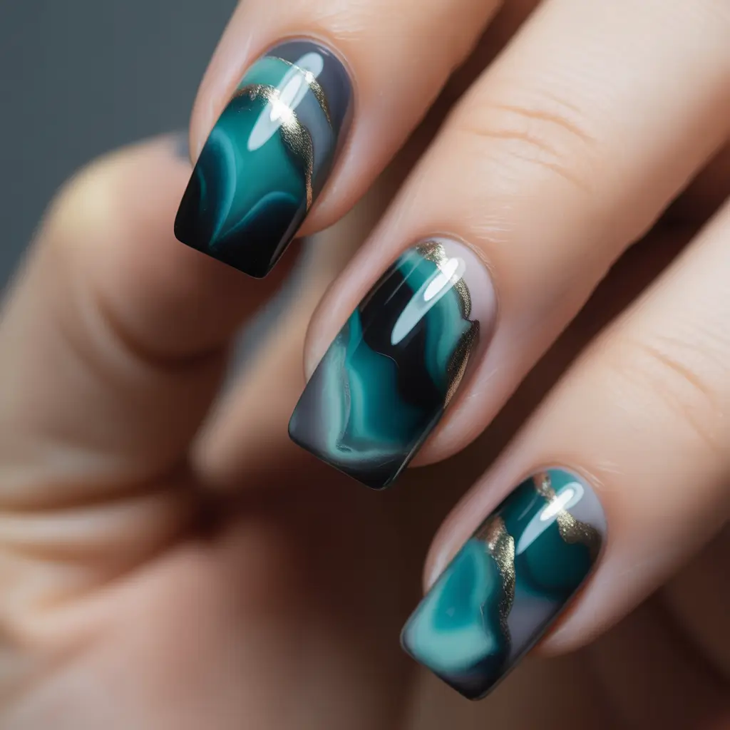 Square Shaped Fall Nails 2025 emerald teal marble waves with gold outline