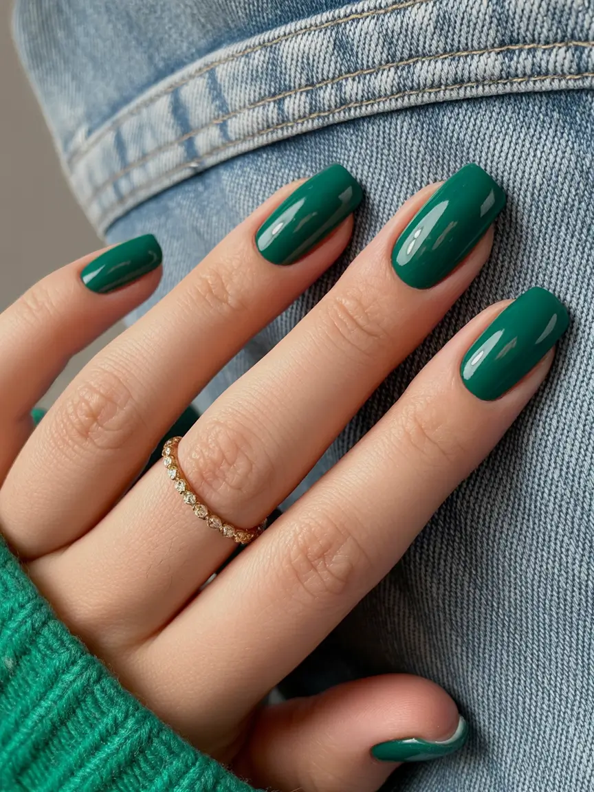 Square Shaped Fall Nails 2025 classic glossy emerald green nails