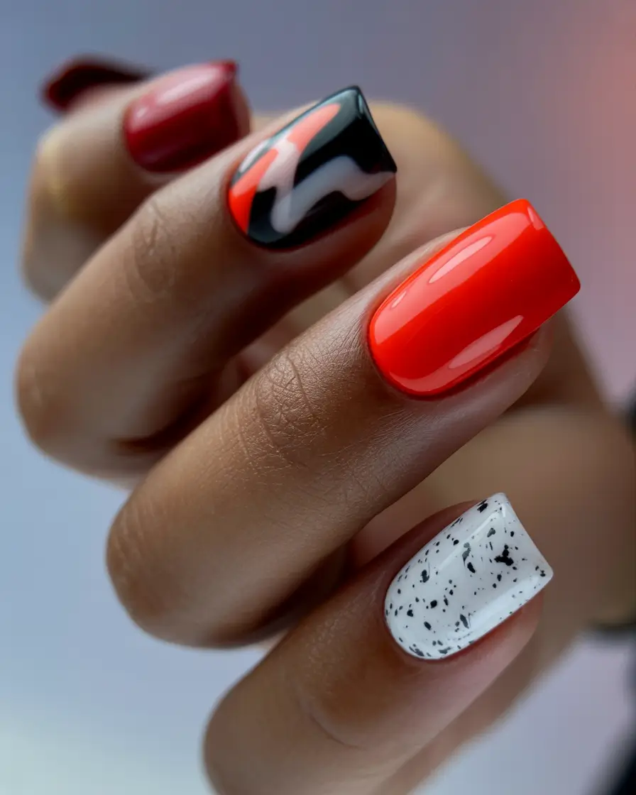 Square Shaped Fall Nails 2025 pop art design in red, black, white with speckled accent