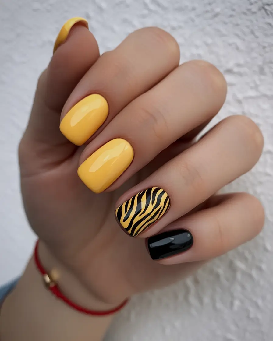 Square Shaped Fall Nails 2025 Yellow Pop with Animal Print Accent