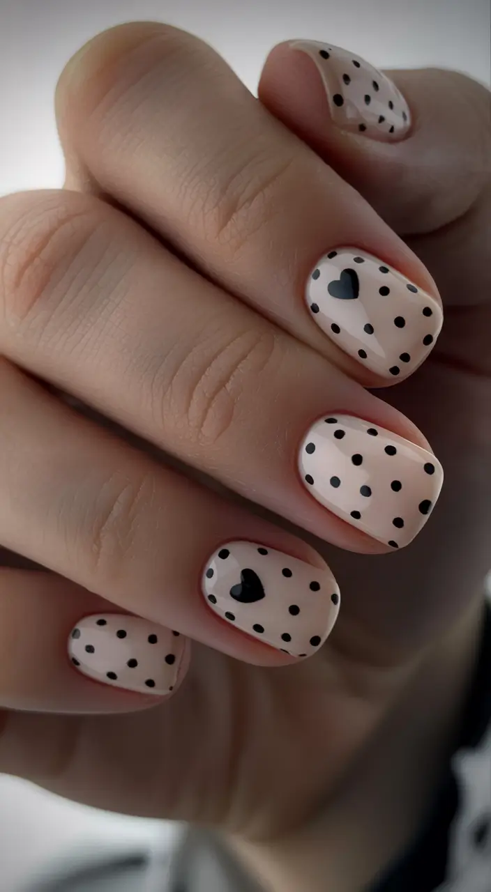 Square Shaped Fall Nails 2025 Playful Polka Dots with Tiny Hearts
