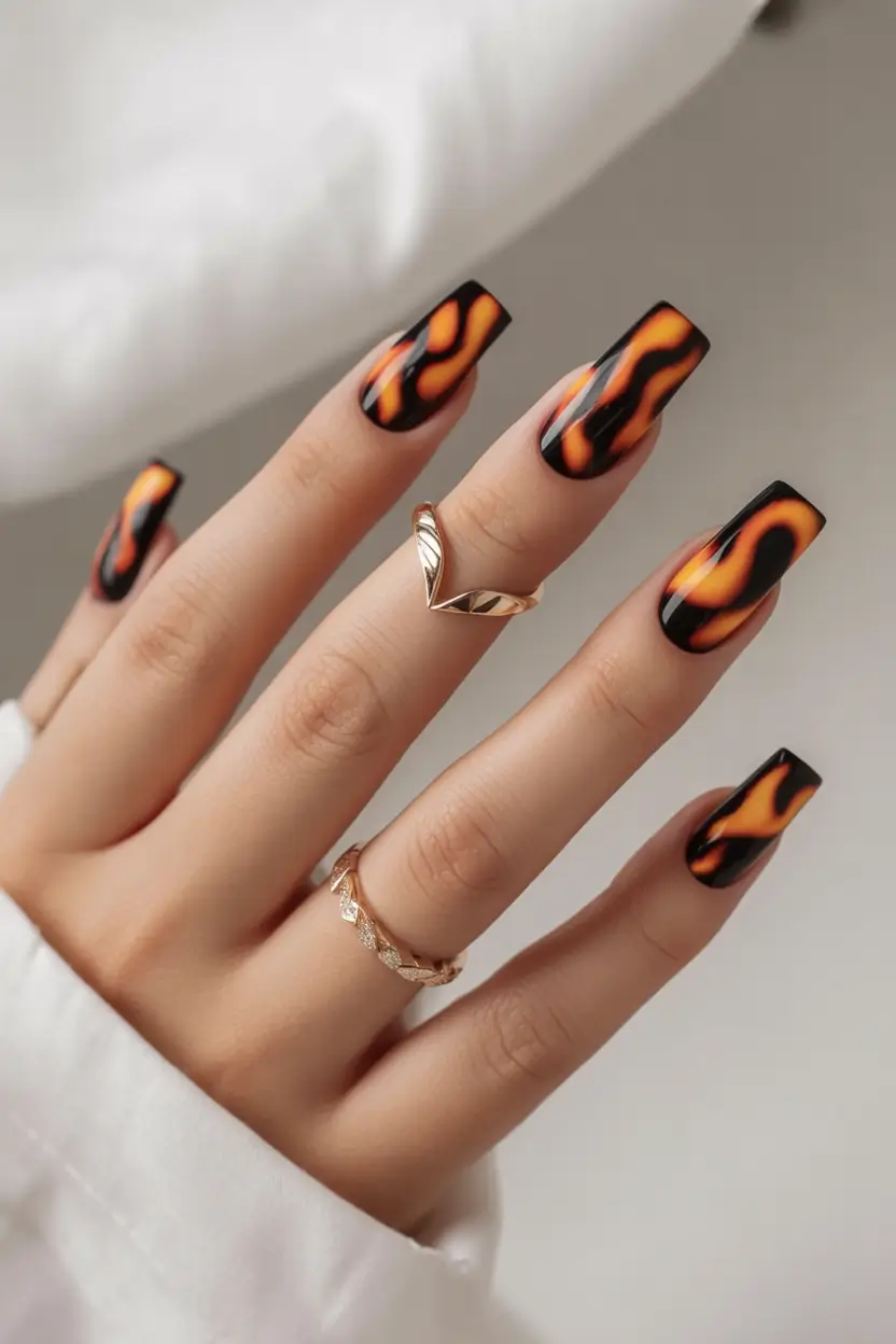 Square Shaped Fall Nails 2025 Fiery Flame-Inspired Long Acrylics