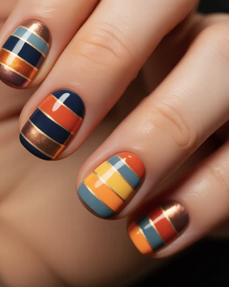 Square Shaped Fall Nails 2025 Striped Metallic and Bold Colors