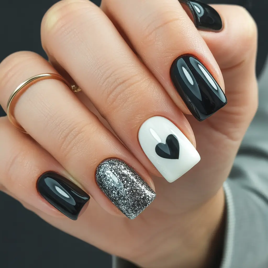 Square Shaped Fall Nails 2025 Classic Black, White, and Glitter Accent