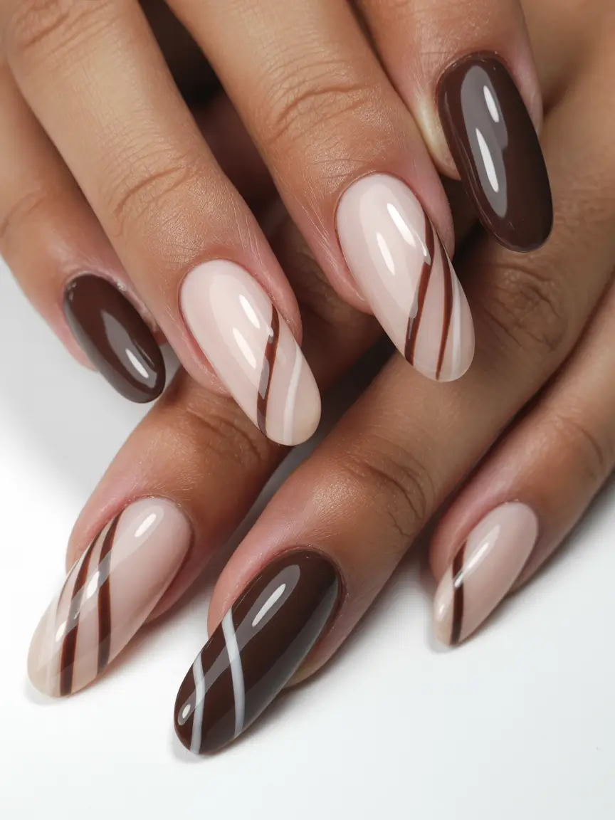 Stylish Brown Fall Nails 2025 Minimalist Stripes in Chocolate and Nude