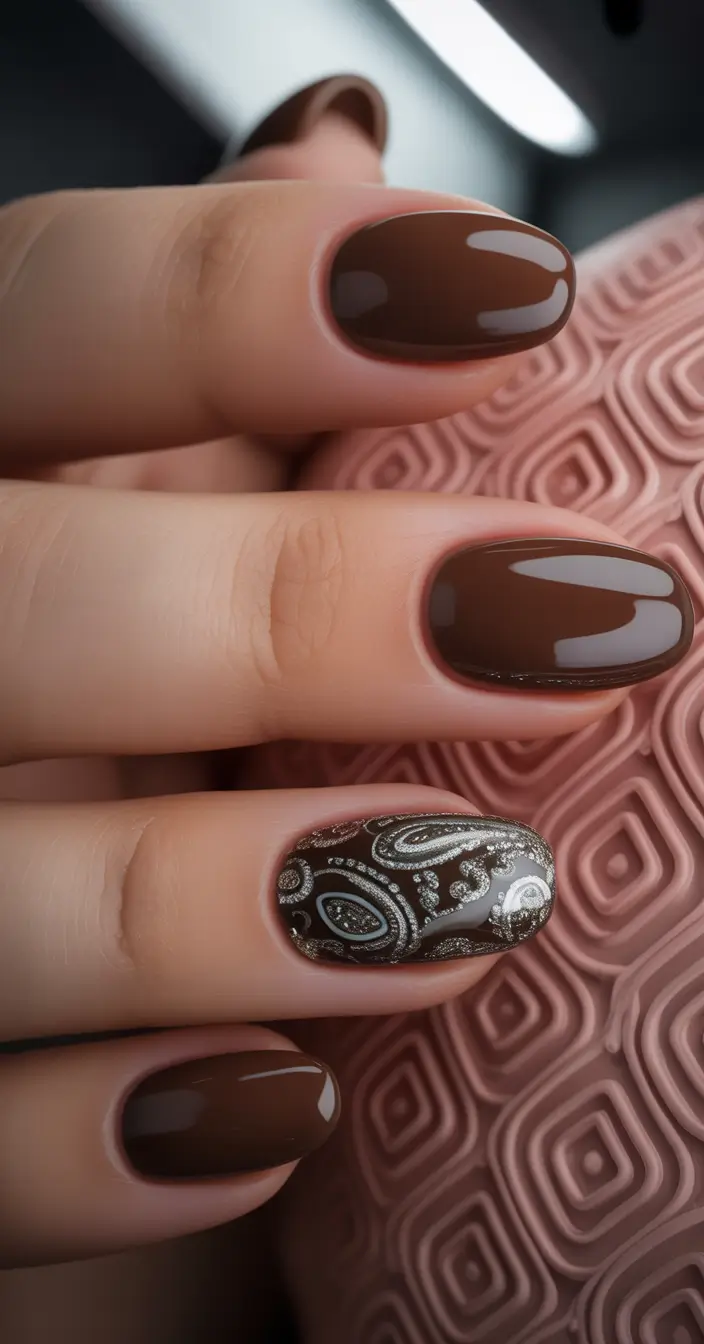 Stylish Brown Fall Nails 2025 - Chocolate Paisley Accents