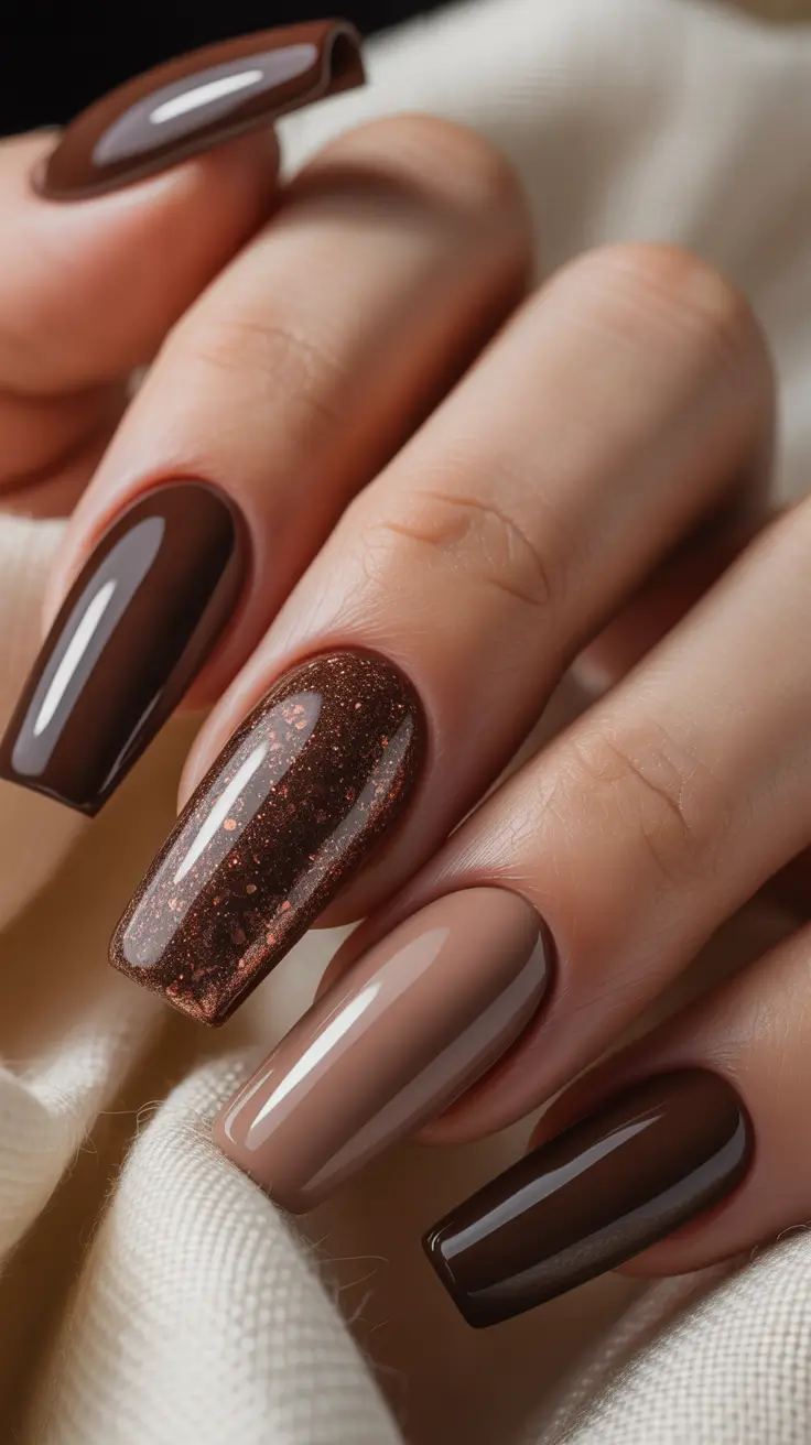 Stylish Brown Fall Nails 2025 – Gloss and Matte Duo Brown Nails