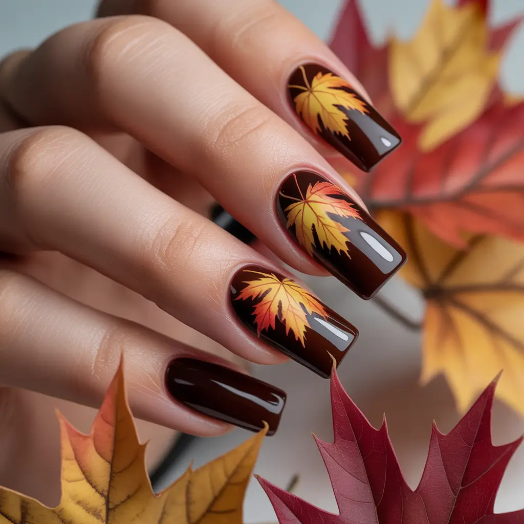 Stylish Brown Fall Nails 2025 – Maple Leaf Autumn Nails