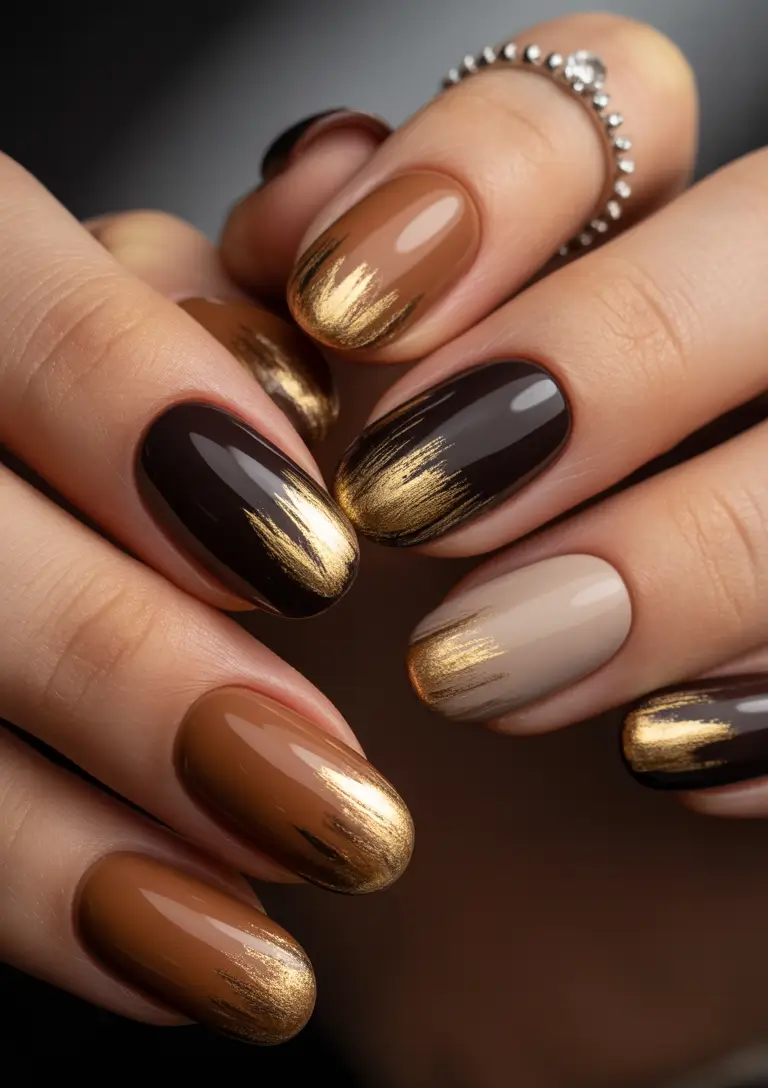Stylish Brown Fall Nails 2025 Molten Gold Brushstrokes