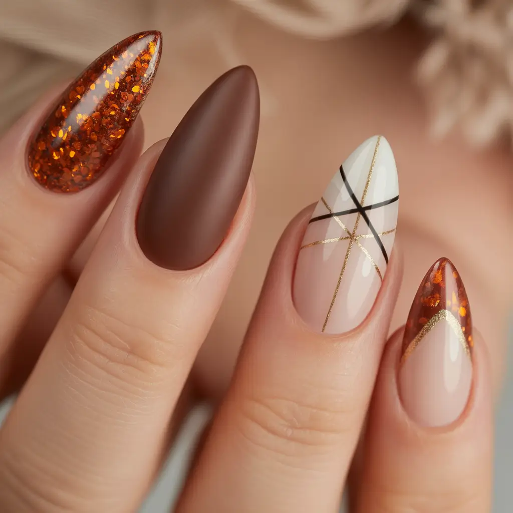 Stylish Brown Fall Nails 2025 Autumn Sparkle with Geometric Edges