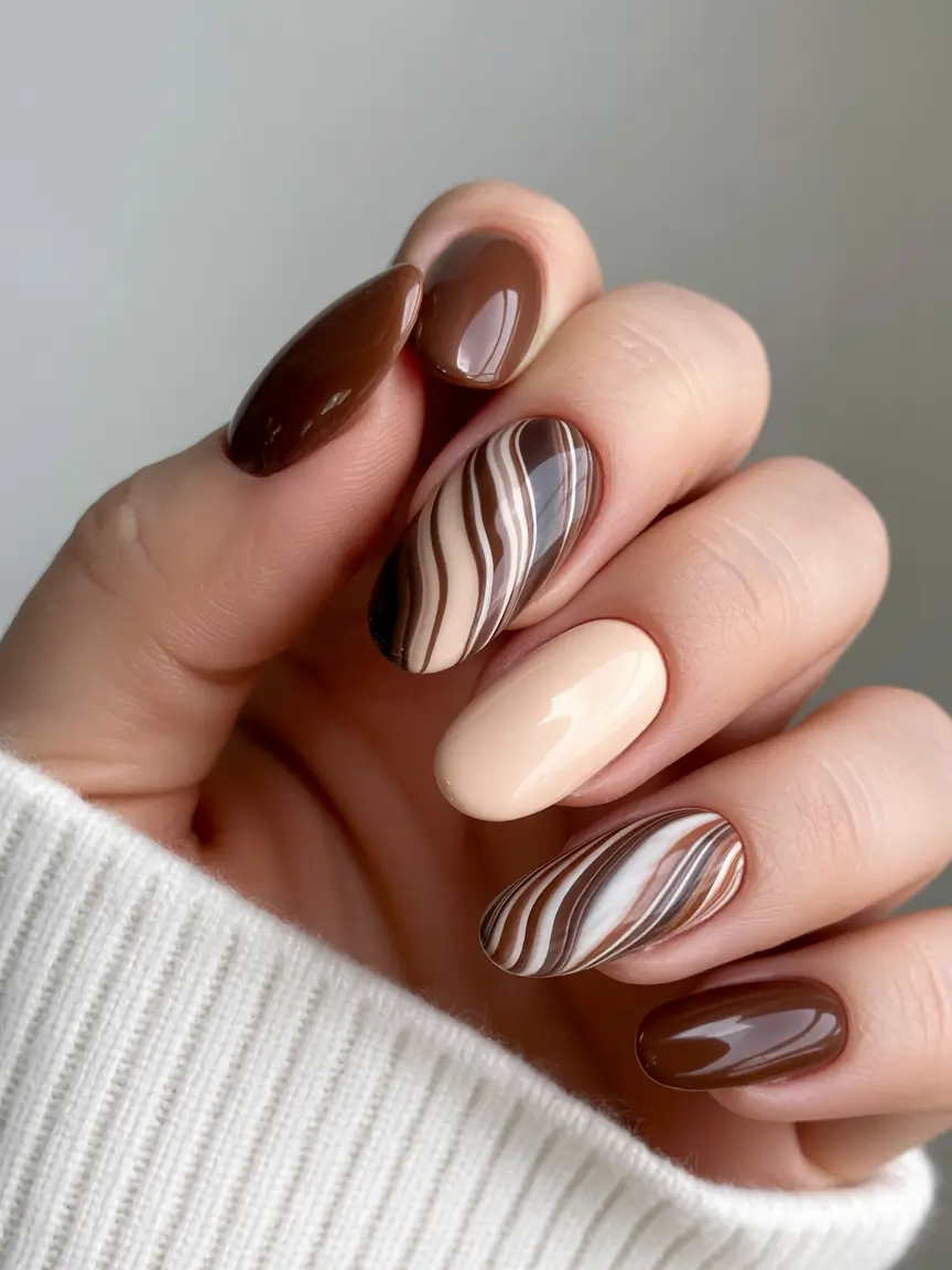 Stylish Brown Fall Nails 2025 Chocolate Marble Swirls